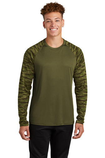 Sport-Tek Drift Camo Colorblock Long Sleeve Tee with custom logo embroidery