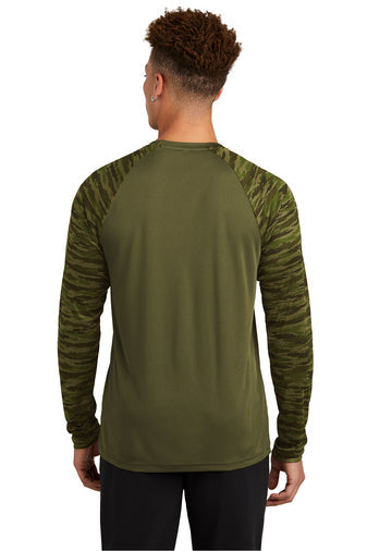 Sport-Tek Drift Camo Colorblock Long Sleeve Tee with custom logo embroidery