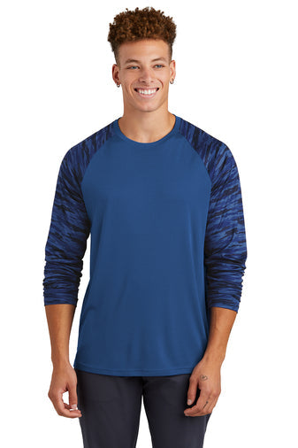 Sport-Tek Drift Camo Colorblock Long Sleeve Tee with custom logo embroidery