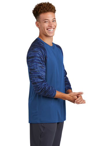 Sport-Tek Drift Camo Colorblock Long Sleeve Tee with custom logo embroidery