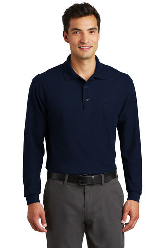 Port Authority Silk Touch Long Sleeve Polo with Pocket with custom logo embroidery