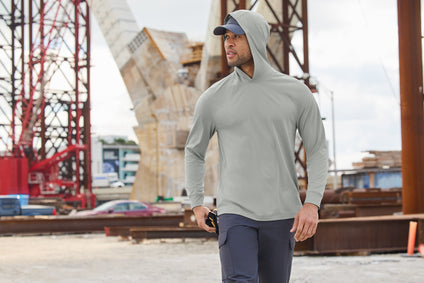 CornerStone Workwear Pro Long Sleeve Hooded Tee with custom logo embroidery