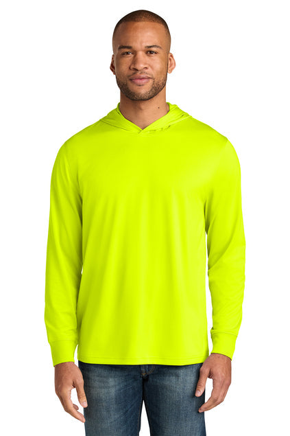 CornerStone Workwear Pro Long Sleeve Hooded Tee with custom logo embroidery