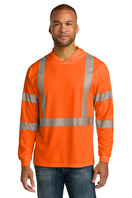 CornerStone ANSI 107 Class 3 Long Sleeve Segmented Tape Hooded Tee with custom logo embroidery