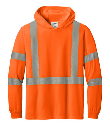 CornerStone ANSI 107 Class 3 Long Sleeve Segmented Tape Hooded Tee with custom logo embroidery