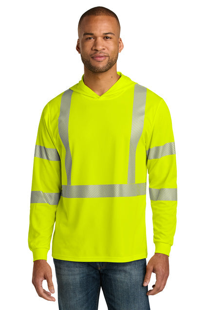 CornerStone ANSI 107 Class 3 Long Sleeve Segmented Tape Hooded Tee with custom logo embroidery