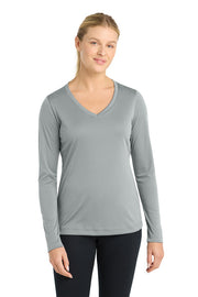 Sport-Tek Women's Long Sleeve PosiCharge Competitor V-Neck Tee with custom logo embroidery