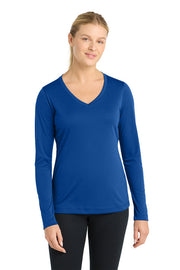Sport-Tek Women's Long Sleeve PosiCharge Competitor V-Neck Tee with custom logo embroidery