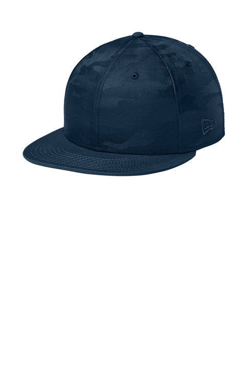 New Era Camo Flat Bill Snapback Cap with custom logo embroidery