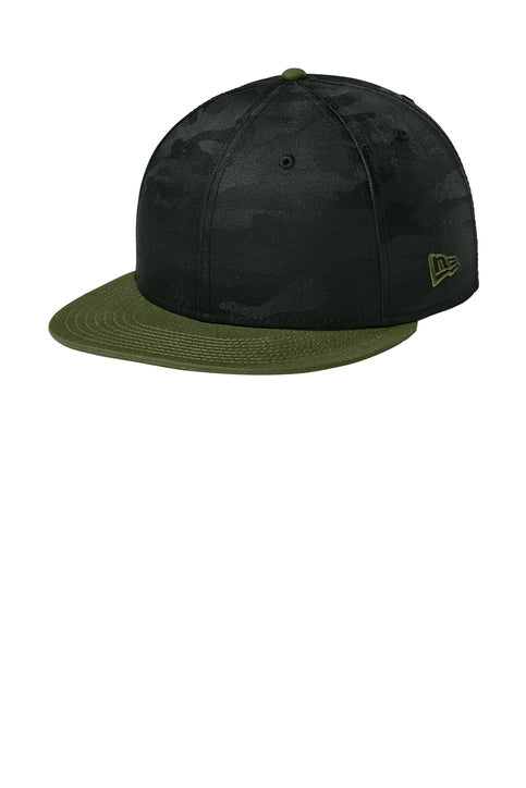 New Era Camo Flat Bill Snapback Cap with custom logo embroidery