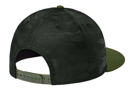 New Era Camo Flat Bill Snapback Cap with custom logo embroidery