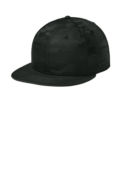 New Era Camo Flat Bill Snapback Cap with custom logo embroidery