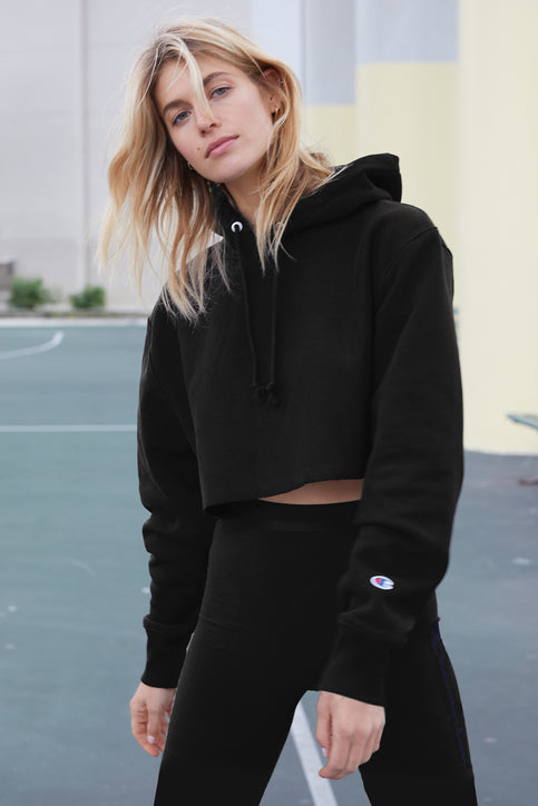 Champion Women’s Reverse Weave® Cropped Cut-Off Hooded Sweatshirt with custom logo embroidery