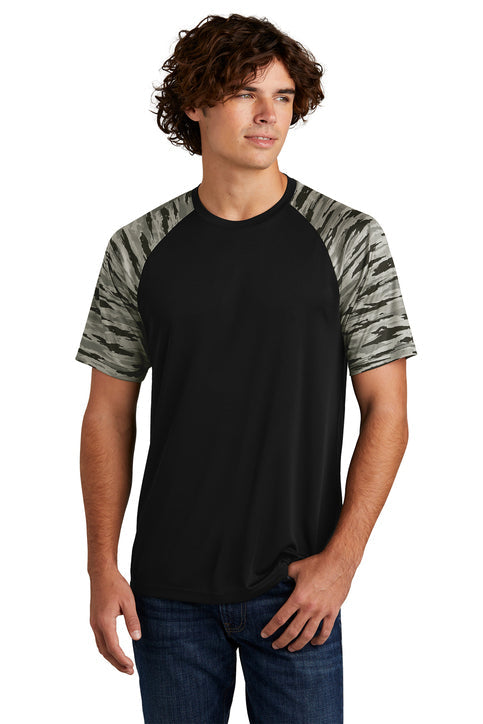 Sport-Tek Drift Camo Colorblock Tee with custom logo embroidery