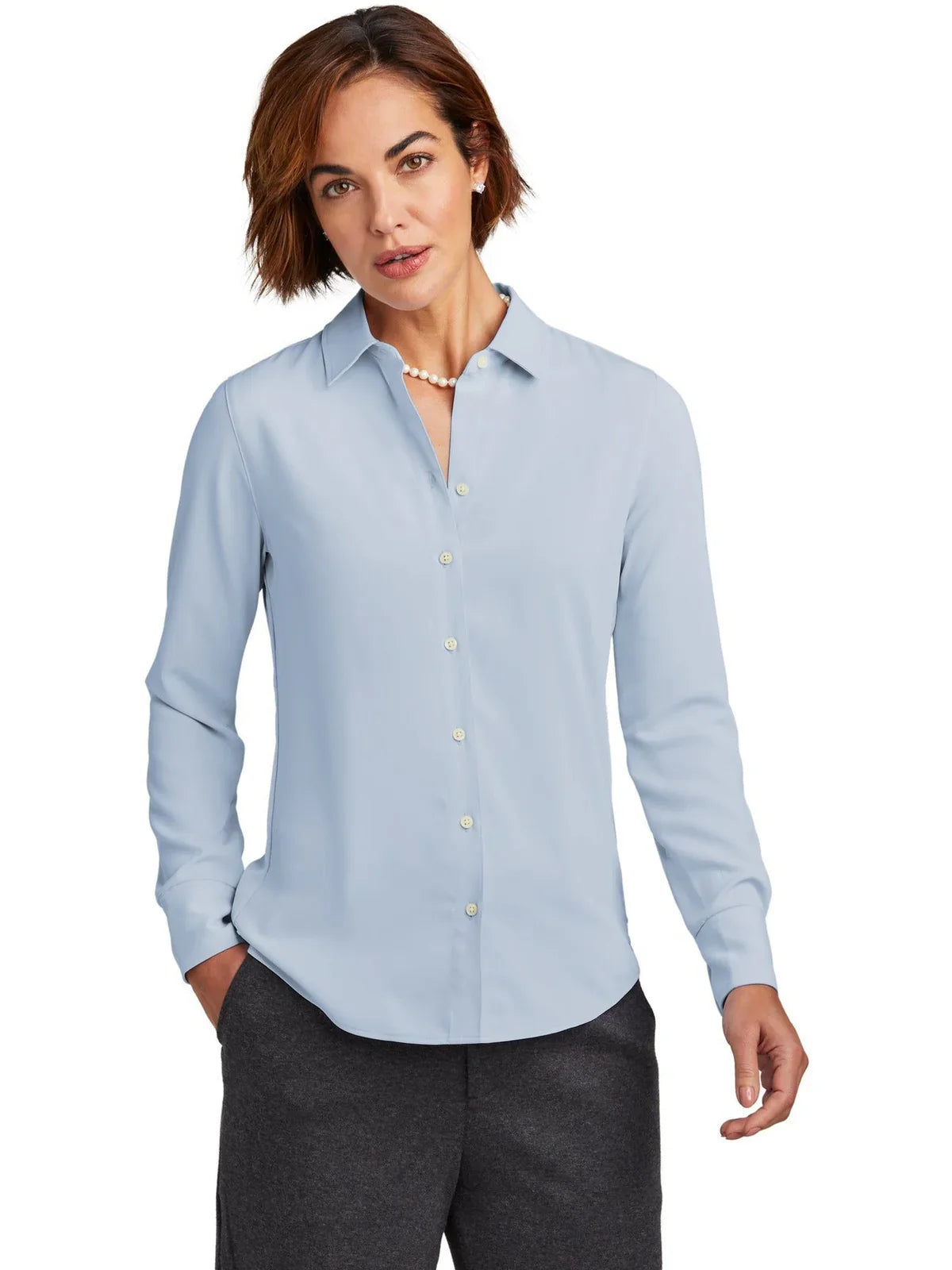 Brooks Brothers Ladies Full-Button Satin Blouse with custom logo embroidery