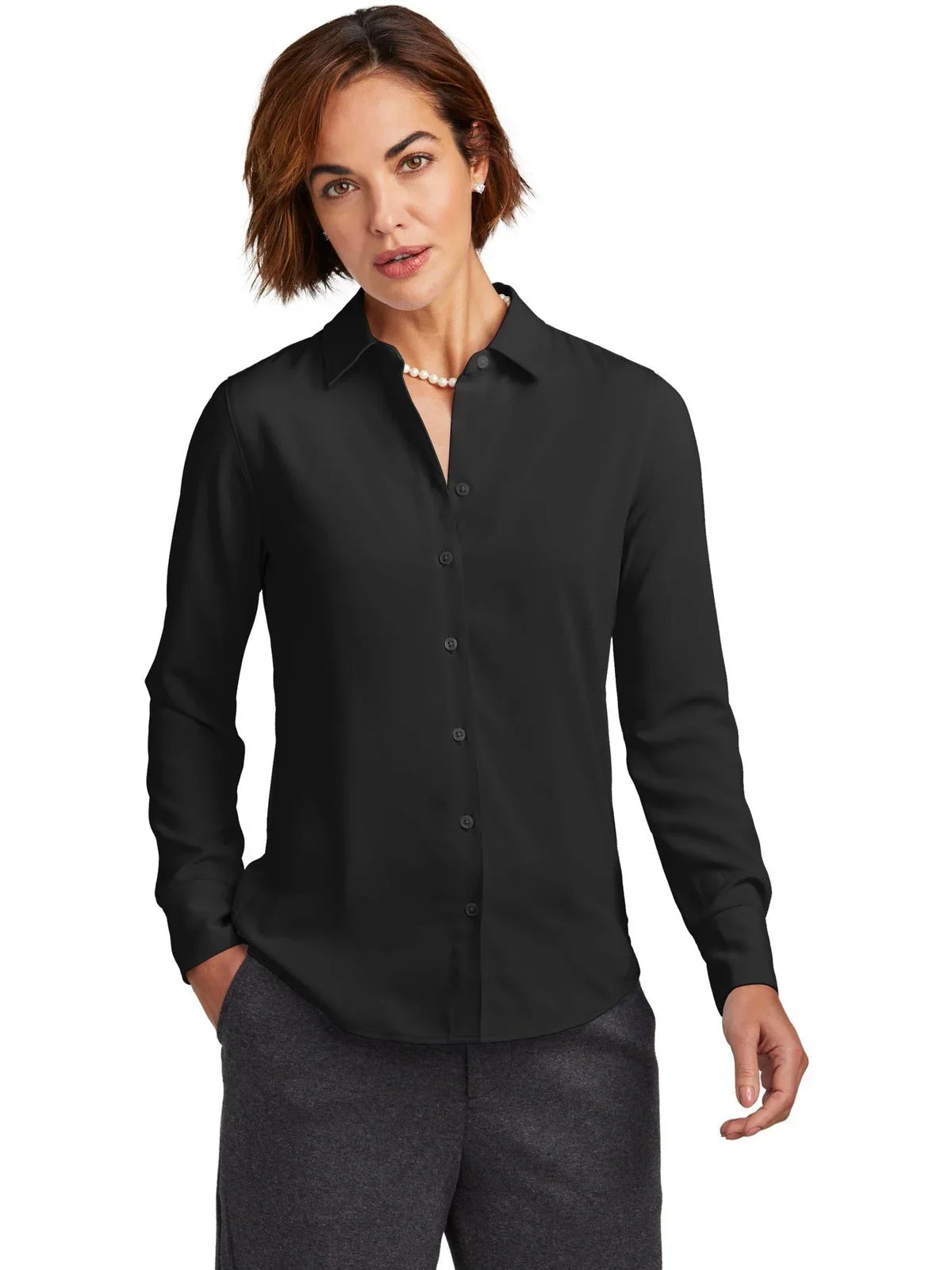 Brooks Brothers Ladies Full-Button Satin Blouse with custom logo embroidery
