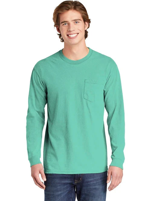 Comfort Colors Heavyweight Ring Spun Long Sleeve Pocket Tee with custom logo embroidery