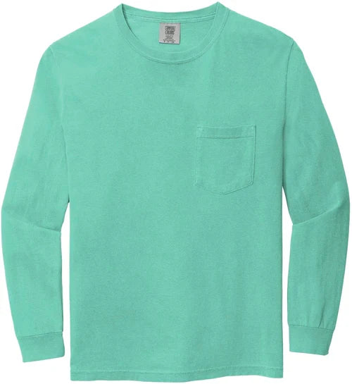 Comfort Colors Heavyweight Ring Spun Long Sleeve Pocket Tee with custom logo embroidery