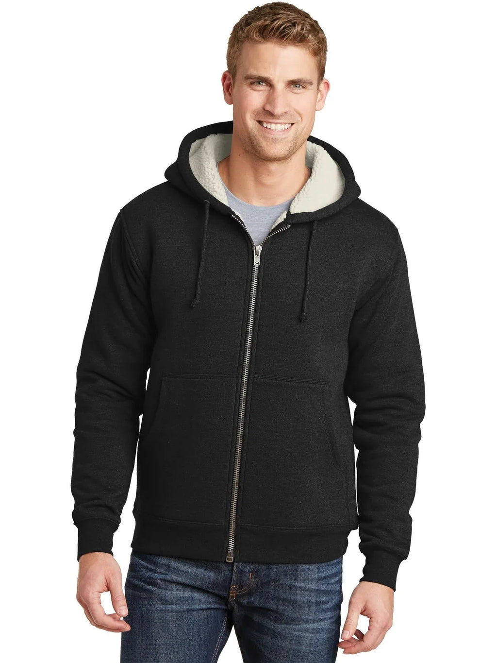 CornerStone Heavyweight Sherpa-Lined Hooded Fleece Jacket with custom logo embroidery