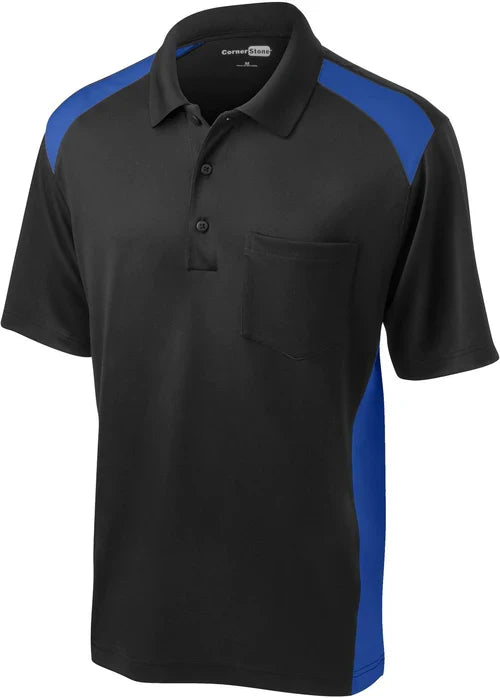 CornerStone Select Snag-Proof Two Way Colorblock Pocket Polo with custom logo embroidery