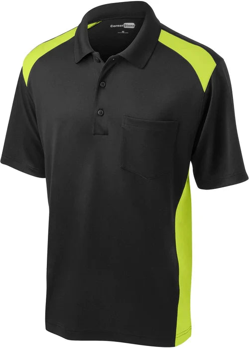 CornerStone Select Snag-Proof Two Way Colorblock Pocket Polo with custom logo embroidery