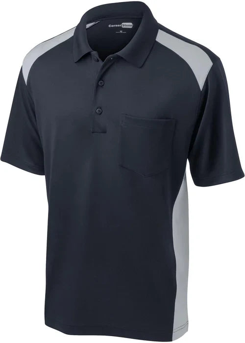 CornerStone Select Snag-Proof Two Way Colorblock Pocket Polo with custom logo embroidery