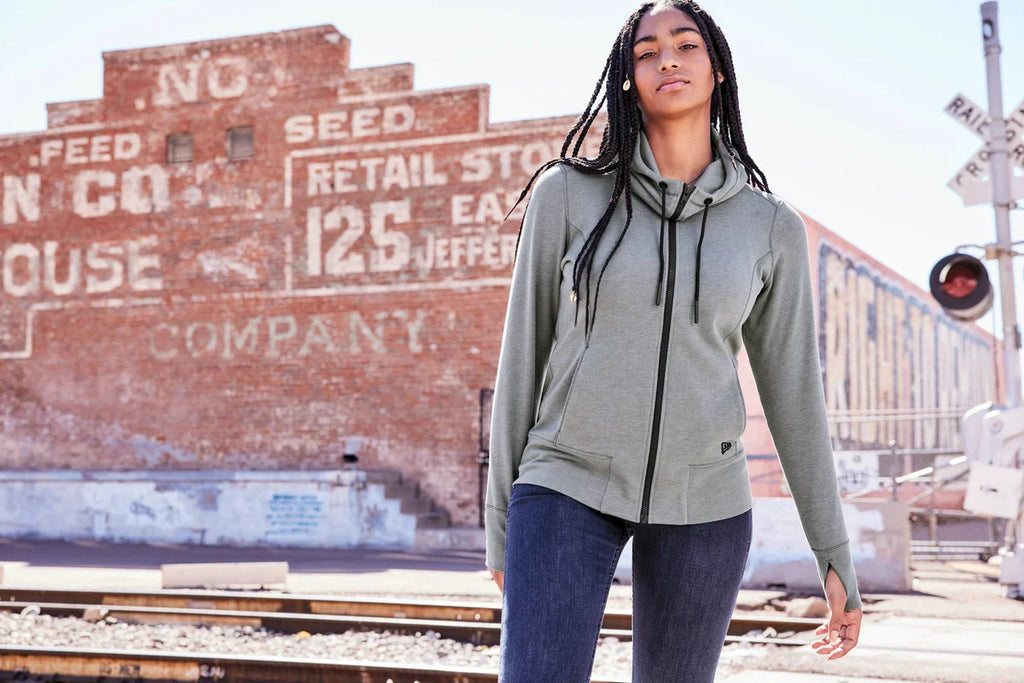 New Era Women's Tri-Blend Fleece Full-Zip Hoodie with custom logo embroidery