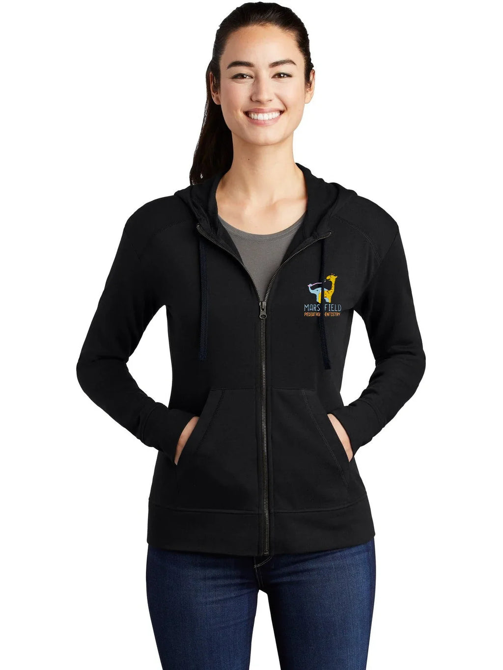 Sport-Tek Ladies PosiCharge Tri-Blend Wicking Fleece Full-Zip Hooded Jacket with custom logo embroidery