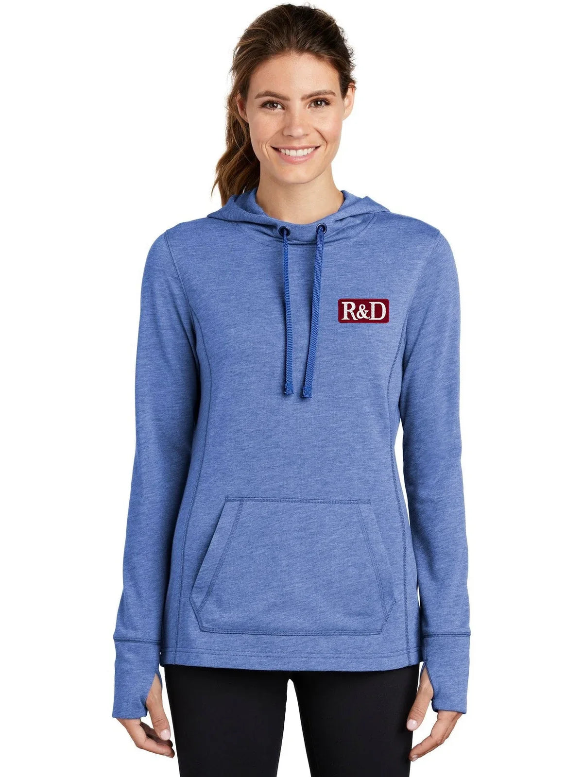 Sport-Tek Ladies PosiCharge Tri-Blend Wicking Fleece Hooded Pullover with custom logo embroidery
