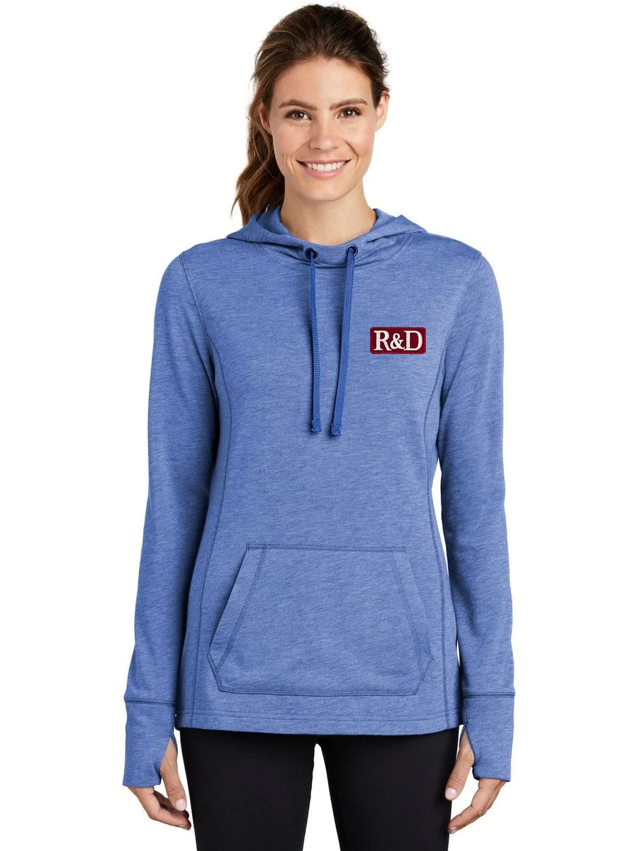 Sport-Tek Ladies PosiCharge Tri-Blend Wicking Fleece Hooded Pullover with custom logo embroidery