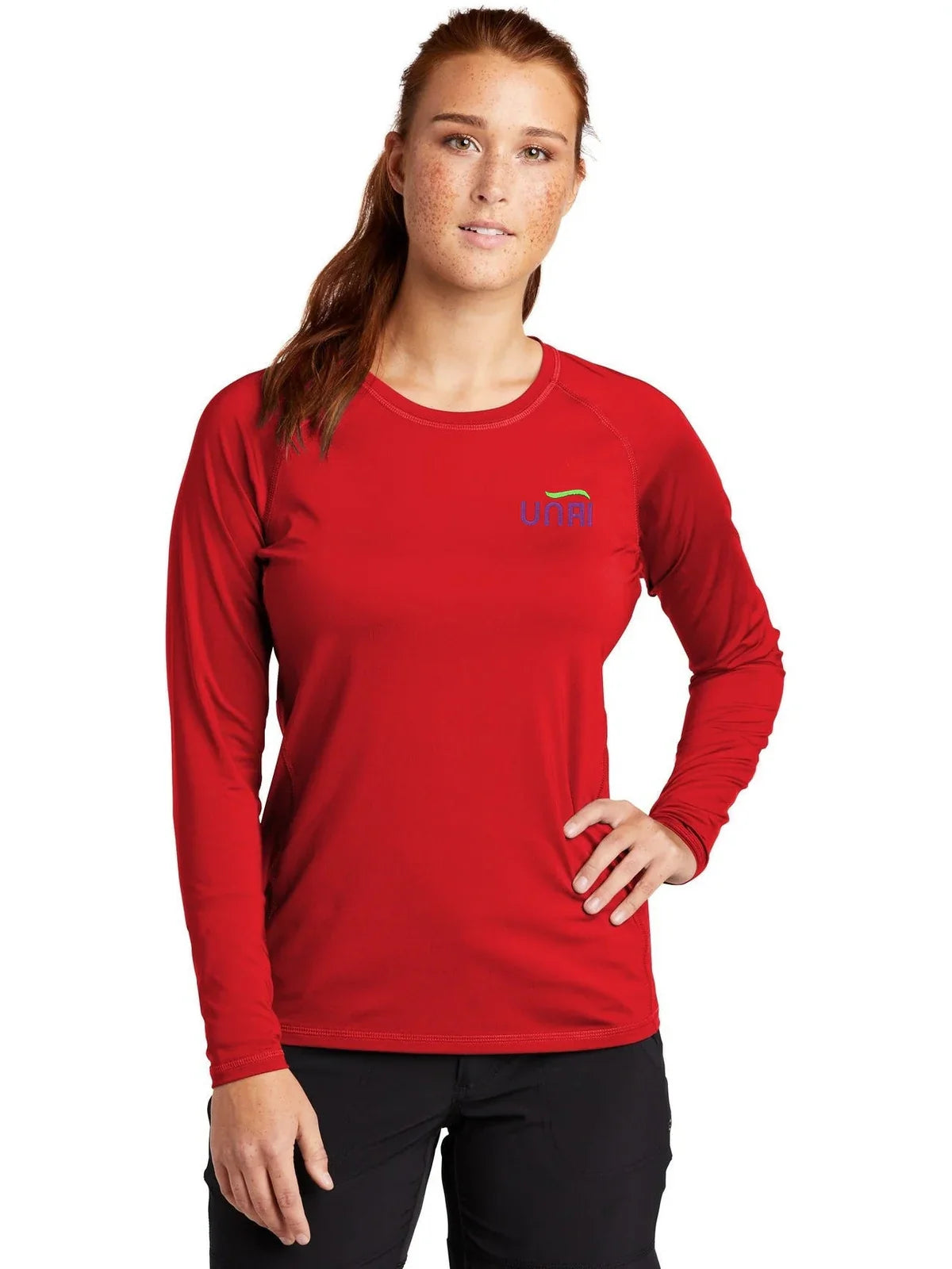 Sport-Tek Women's Long Sleeve Rashguard Tee with custom logo embroidery