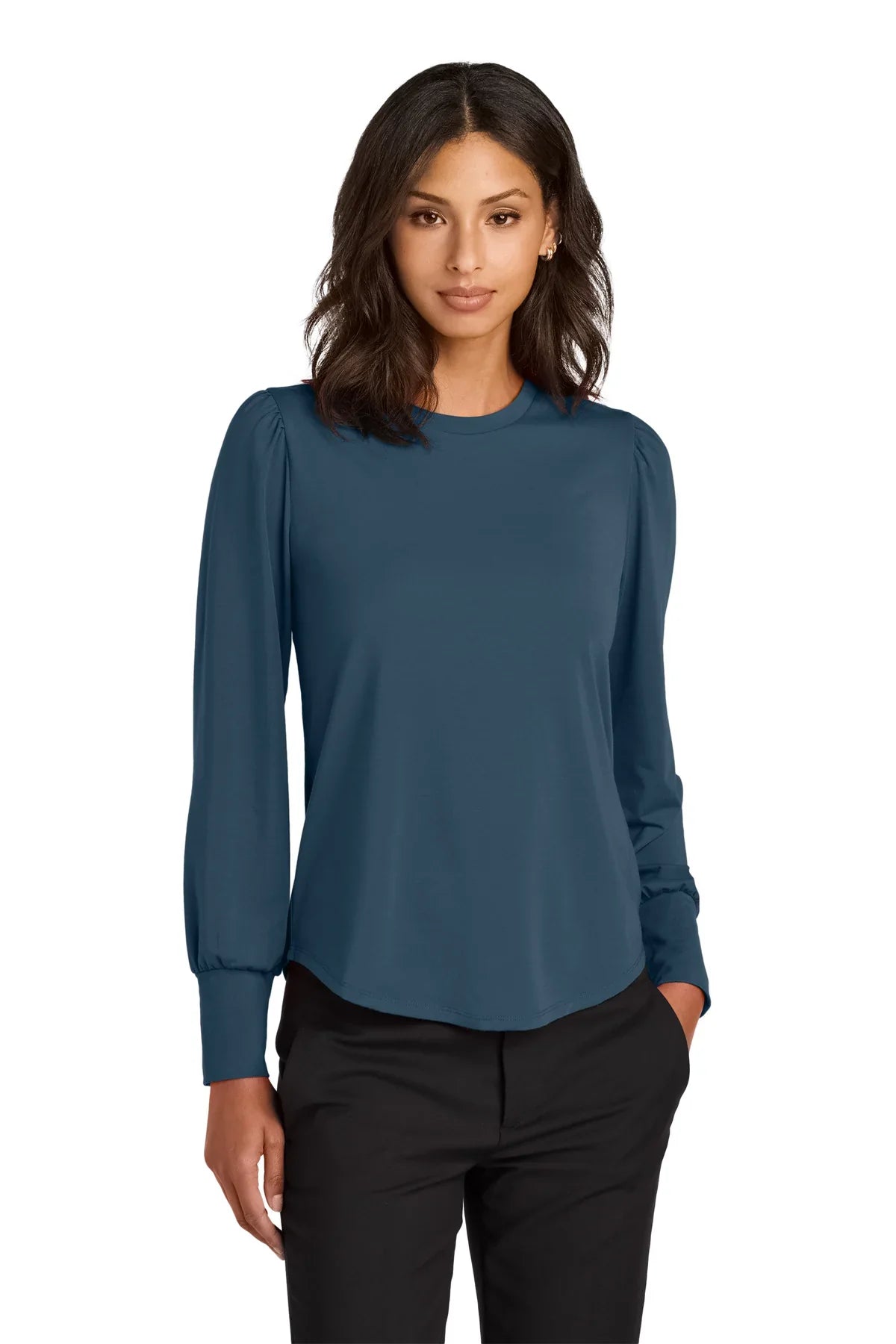 Mercer+Mettle Ladies Stretch Jersey Long Sleeve Blouson Top with custom logo embroidery