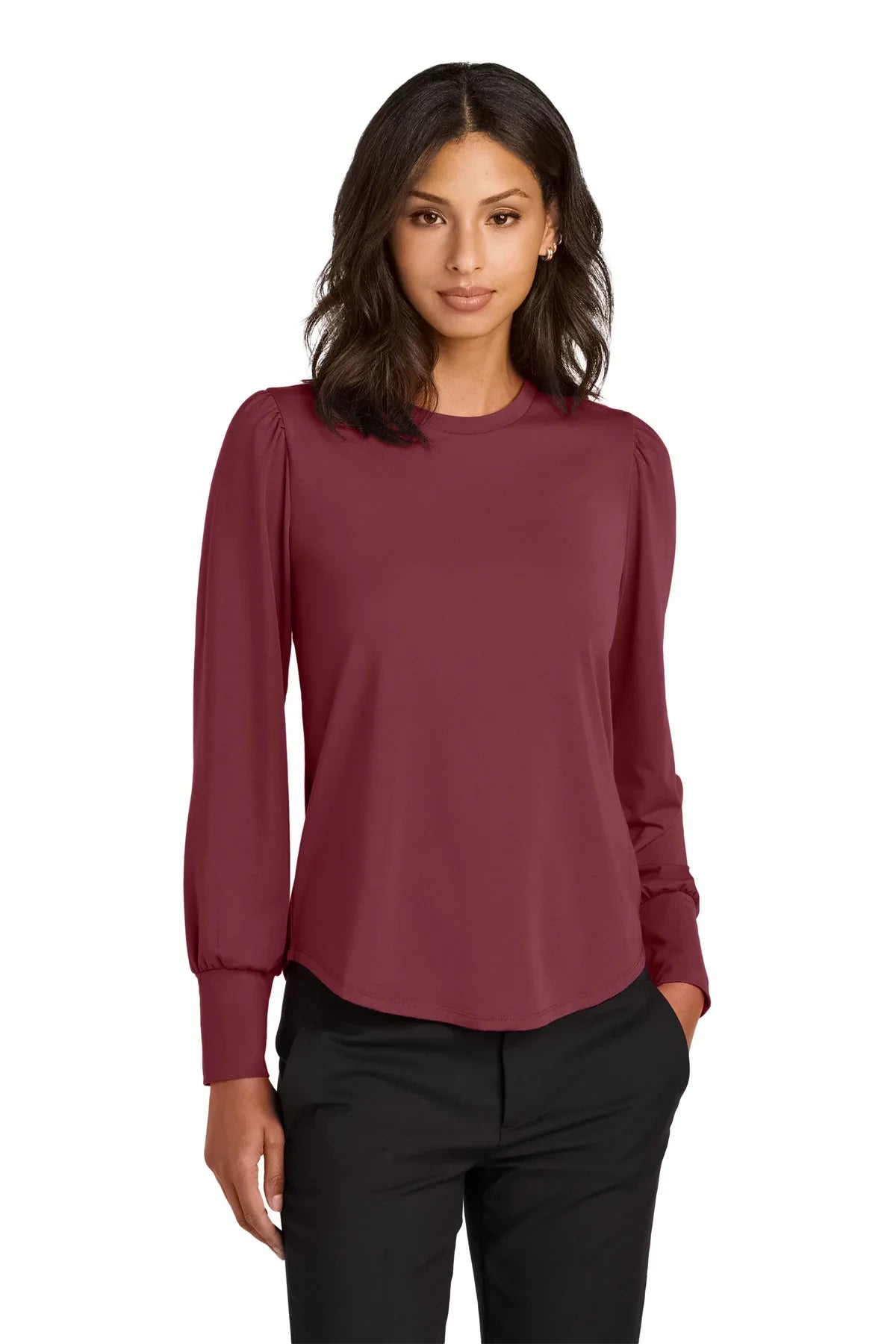 Mercer+Mettle Ladies Stretch Jersey Long Sleeve Blouson Top with custom logo embroidery