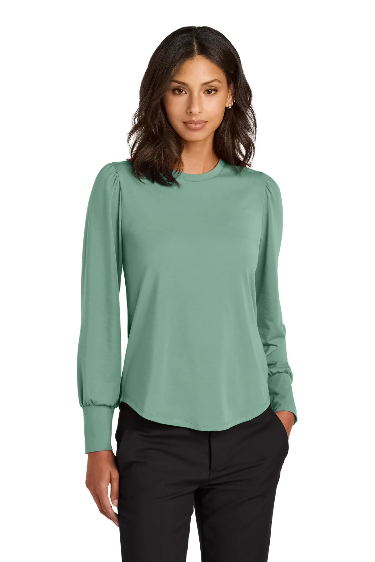 Mercer+Mettle Ladies Stretch Jersey Long Sleeve Blouson Top with custom logo embroidery