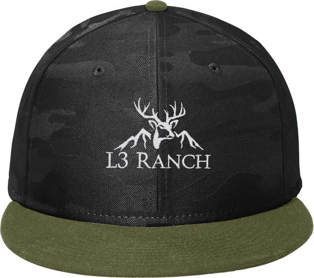New Era Camo Flat Bill Snapback Cap with custom logo embroidery