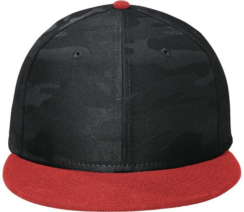 New Era Camo Flat Bill Snapback Cap with custom logo embroidery