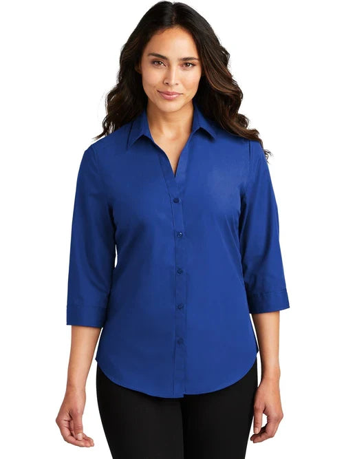 Port Authority Ladies 3/4-Sleeve Carefree Poplin Shirt with custom logo embroidery