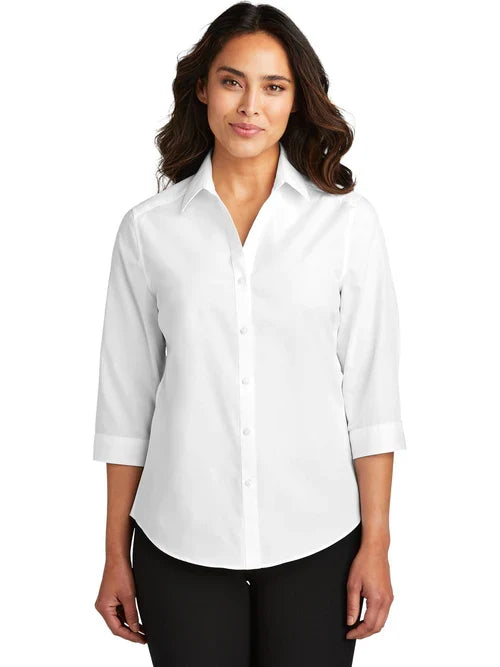 Port Authority Ladies 3/4-Sleeve Carefree Poplin Shirt with custom logo embroidery