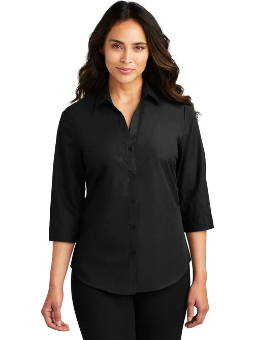 Port Authority Ladies 3/4-Sleeve Carefree Poplin Shirt with custom logo embroidery