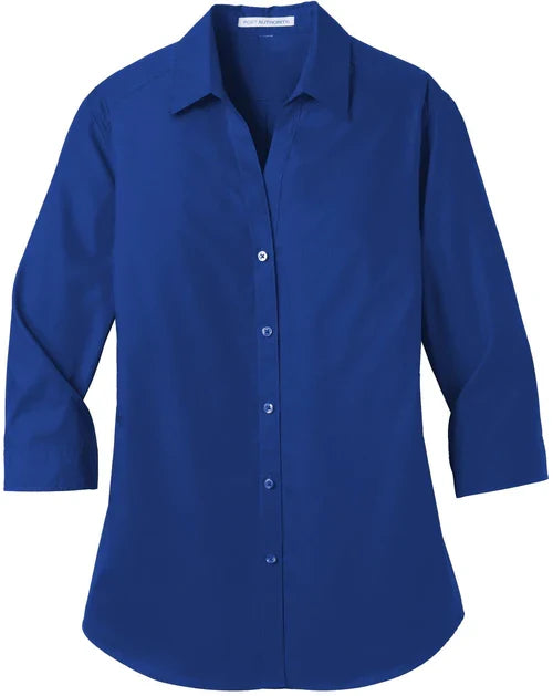 Port Authority Ladies 3/4-Sleeve Carefree Poplin Shirt with custom logo embroidery