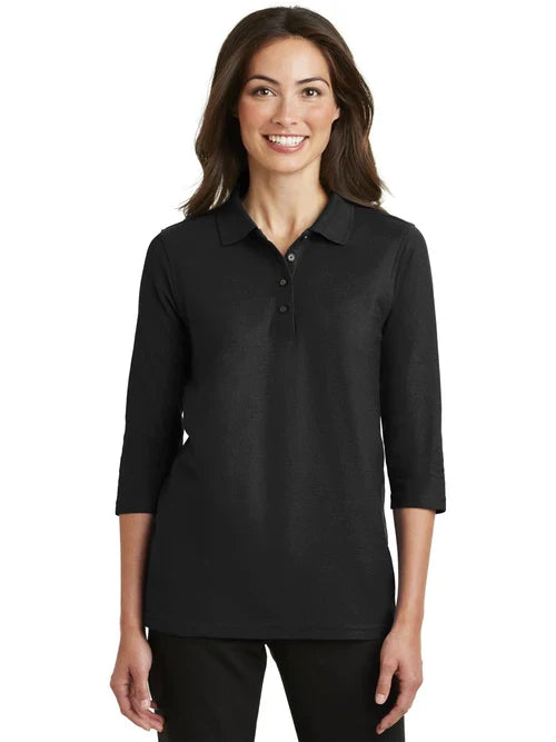 Port Authority Ladies Silk Touch 3/4-Sleeve Polo with custom logo embroidery