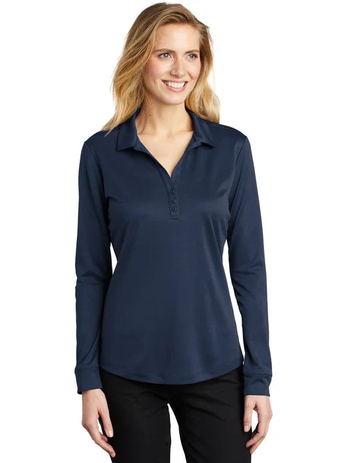 Port Authority Ladies Silk Touch Performance Long Sleeve Polo with custom logo embroidery