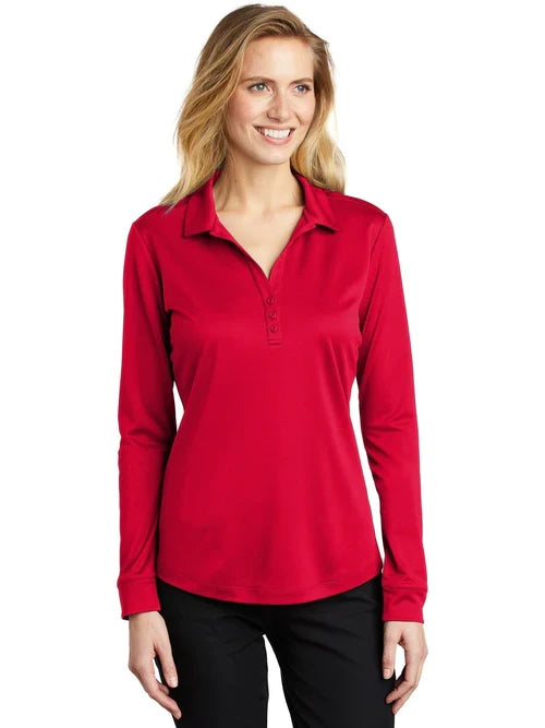 Port Authority Ladies Silk Touch Performance Long Sleeve Polo with custom logo embroidery