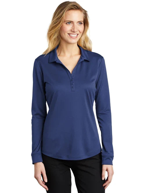 Port Authority Ladies Silk Touch Performance Long Sleeve Polo with custom logo embroidery
