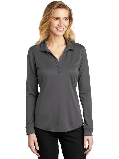 Port Authority Ladies Silk Touch Performance Long Sleeve Polo with custom logo embroidery