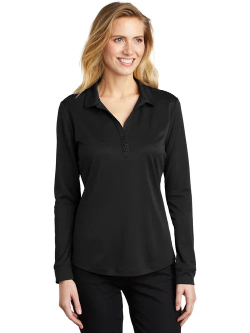 Port Authority Ladies Silk Touch Performance Long Sleeve Polo with custom logo embroidery