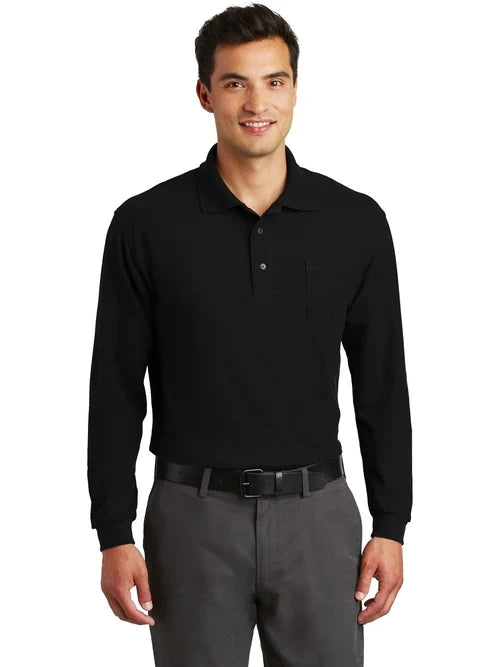 Port Authority Silk Touch Long Sleeve Polo with Pocket with custom logo embroidery