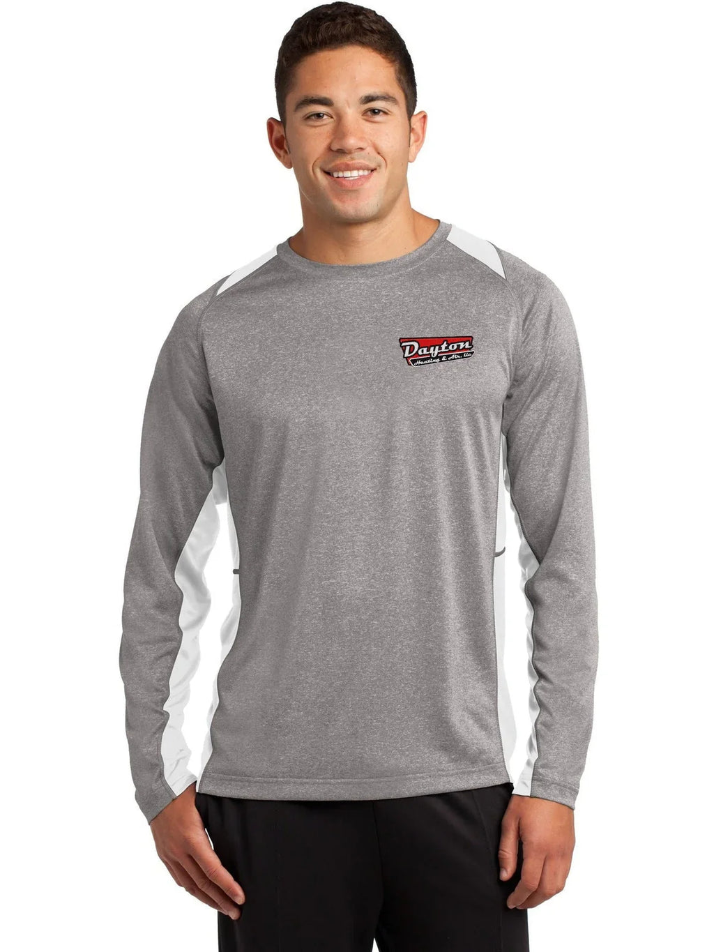 Sport-Tek Long Sleeve Heather Colorblock Contender Tee with custom logo embroidery