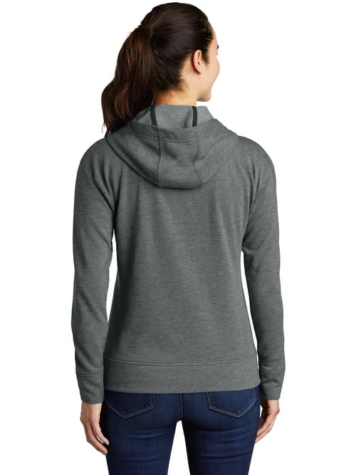 Sport-Tek Ladies PosiCharge Tri-Blend Wicking Fleece Full-Zip Hooded Jacket with custom logo embroidery