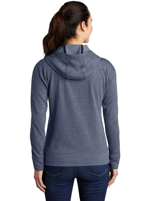 Sport-Tek Ladies PosiCharge Tri-Blend Wicking Fleece Full-Zip Hooded Jacket with custom logo embroidery